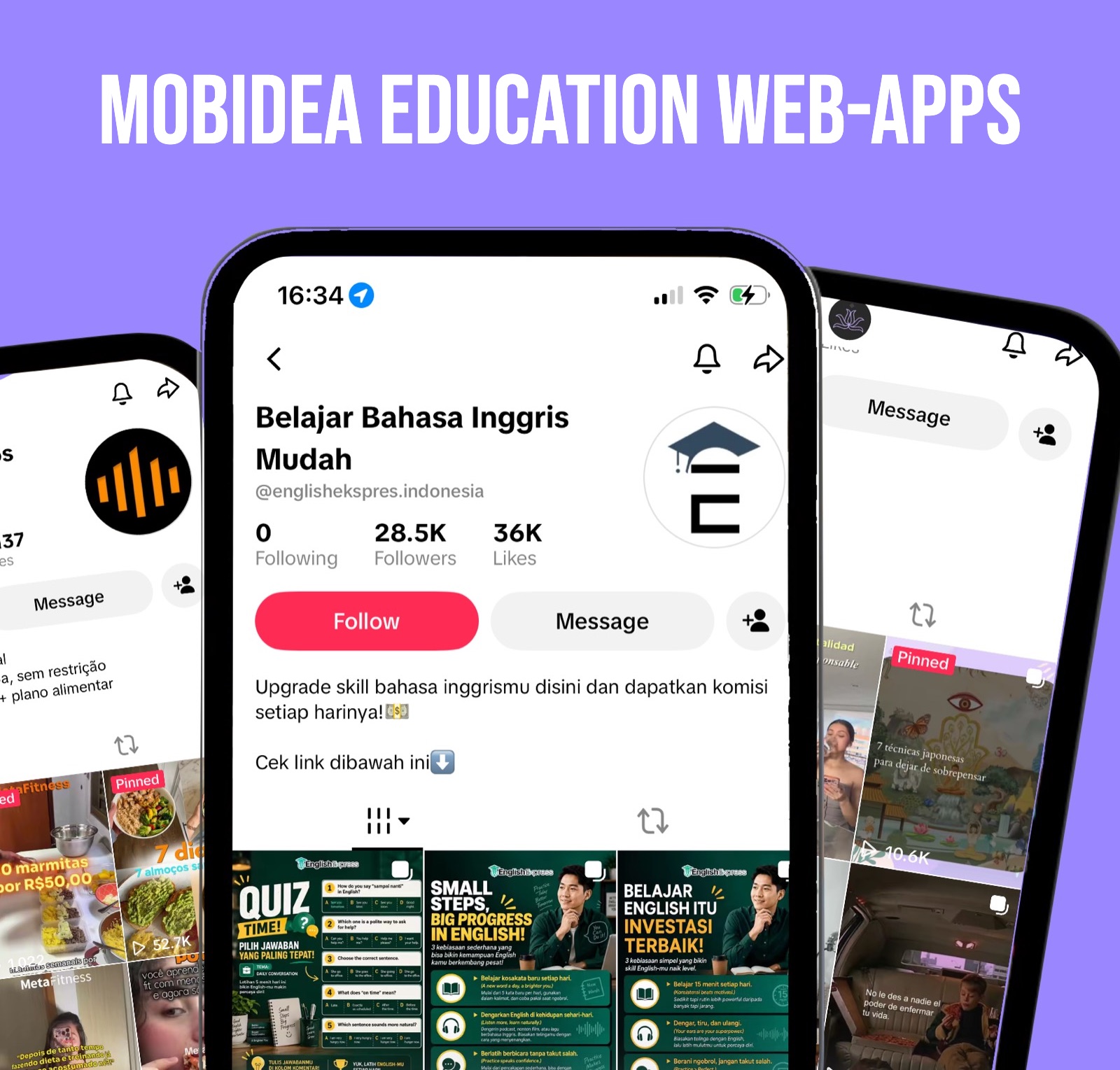 Mobidea education web-apps: EnglishExpress Indonesia TikTok profile on three phone screens